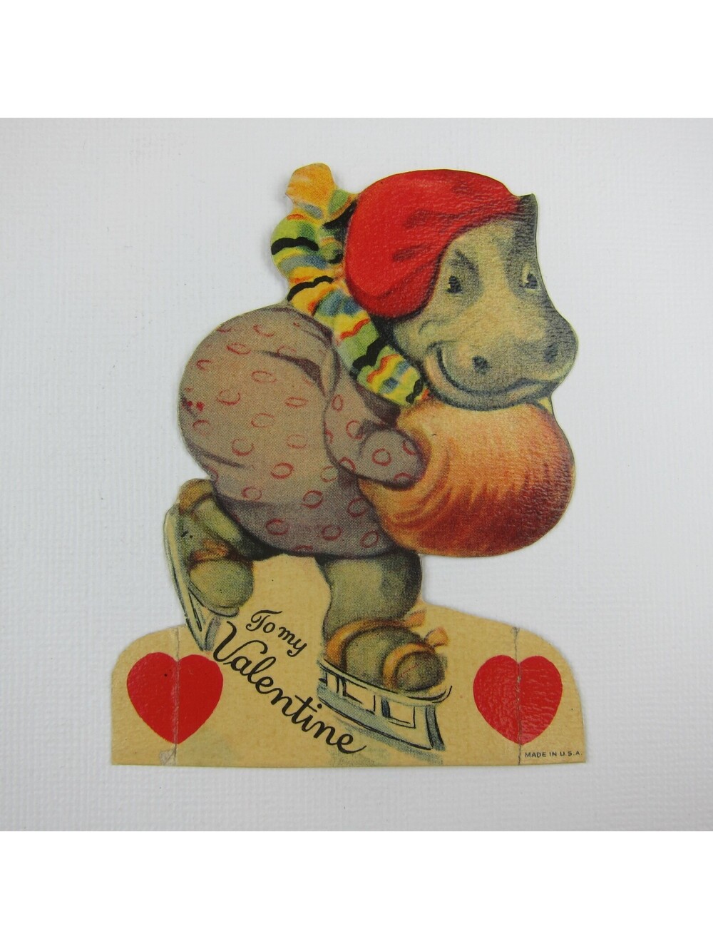 Vintage Valentine Die cut Hippo Ice Skating Anthropomorphic Hat Scarf Muff Heart